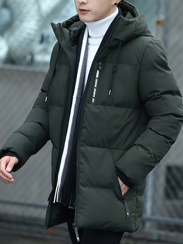 Men's Mid-Length Hooded Puffer Jacket with Zip Pockets