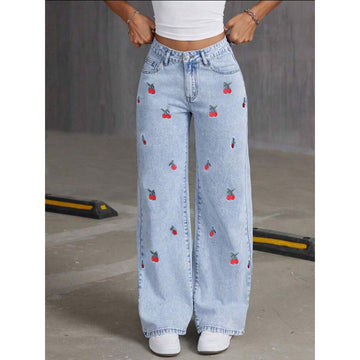 Women's Wide Leg Denim Trousers with Cherry Embroidery