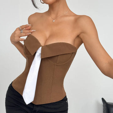 Women's Strapless Fold-Collar Corset Top with Tie Detail