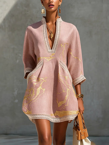 Women's Linen Mini Dress V-Neck