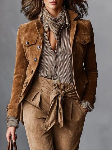 Women's Suede Cropped Jacket Lapel Fitted