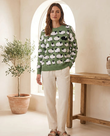 Women's Sheep Print Sweater Relaxed Fit
