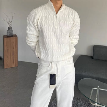 Men's Cable Knit Quarter-Zip Sweater with Funnel Neck