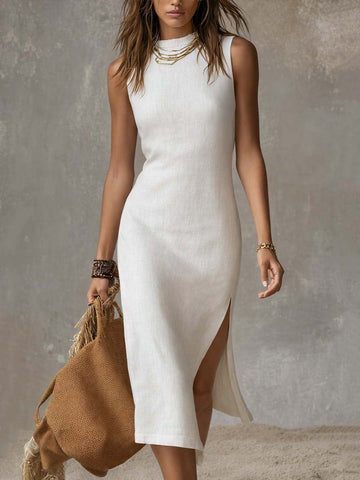 Women's Linen Bodycon Midi Dress Side Split