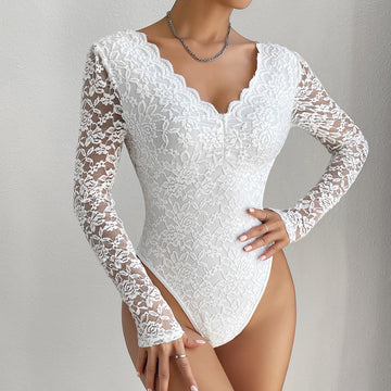Women's Long Sleeve Sweetheart Neckline Lace Top with Scalloped Trim