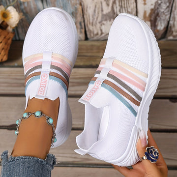 Women's Mesh Slip-On Sneakers - Multi-Striped Elastic Band