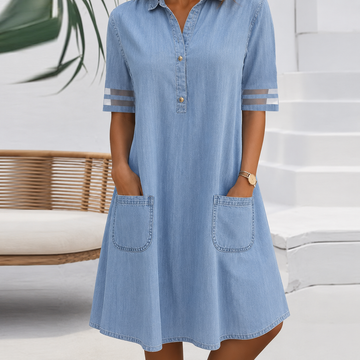 Women's Denim Shirt Mini Dress Striped Sleeve