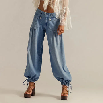 Women's Denim Wide Leg Pants Pleated