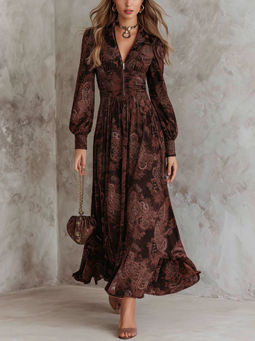 Women's Paisley Maxi Dress Zip Neck