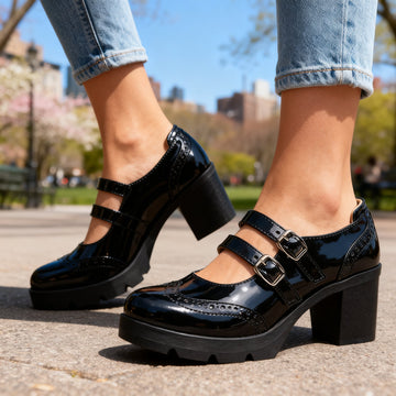 Women's Patent Leather Block Heels Mary Jane