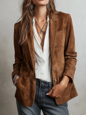 Women's Suede Blazer Single Breasted Notched Lapel