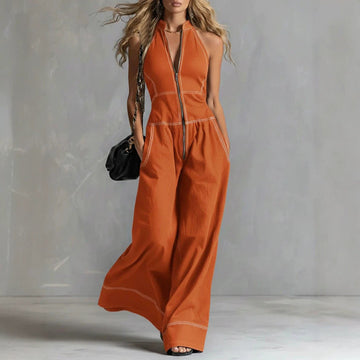 Women's Sleeveless Wide Leg Jumpsuit with Zip Front and Contrast Stitching