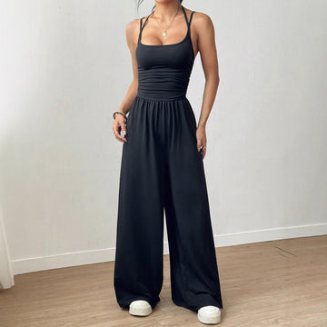 Women's Dual Strap Wide Leg Jumpsuit with Ruched Waist and Square Neck