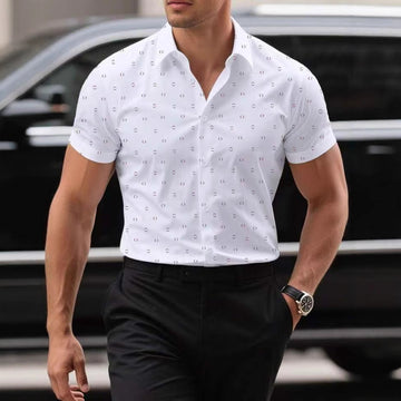 Men's Short-Sleeve Button-Front Shirt with Spread Collar and Fold Cuffs