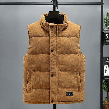 Men's Corduroy Puffer Vest with Mock Neck Snap Placket and Side Pockets
