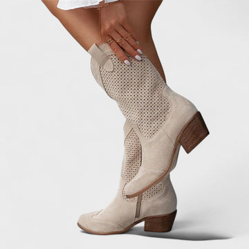Women's Suede Cowboy Boots Perforated Block Heel