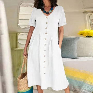 Women's Cotton Linen Midi Dress V-Neck