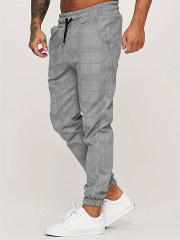 Men's Plaid Tapered Leg Jogger Trousers - Elasticated Drawstring Waist with Cuffs and Side Pockets
