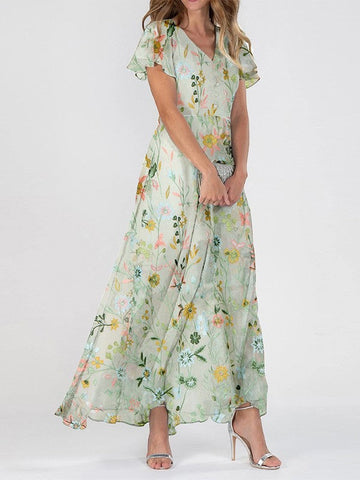 Women's Floral Print V-Neck Button-Front Short Sleeve Maxi Dress