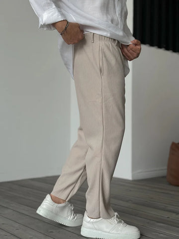 Men's Ribbed Straight-Leg Trousers - Relaxed Fit with Elasticated Waist and Pockets
