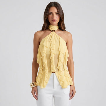 Women's Chiffon Ruffle Halter Top - Sleeveless - Metal Ring Detail
