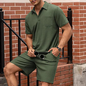 Men's Textured Polo Shirt - Drawstring Shorts Matching Set