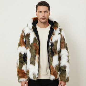 Men's Faux Fur Hooded Bomber Jacket Relaxed Fit
