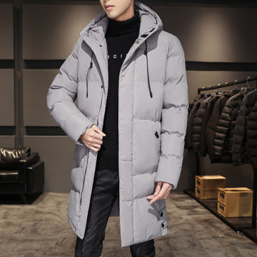 Men's Long Puffer Coat with Detachable Hood and Flap Pockets