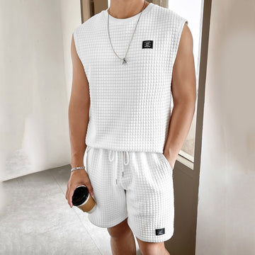 Men's Sleeveless Waffle-Knit Top and Shorts Two Piece Set with Drawstring