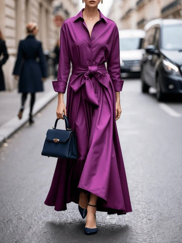 Women's Satin Maxi Dress Belted Shirt