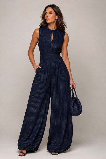 Women's Pinstripe Wide Leg Jumpsuit Sleeveless