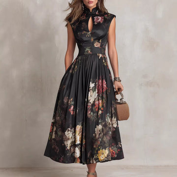 Women's Floral Maxi Dress with Mandarin Collar and Cap Sleeves