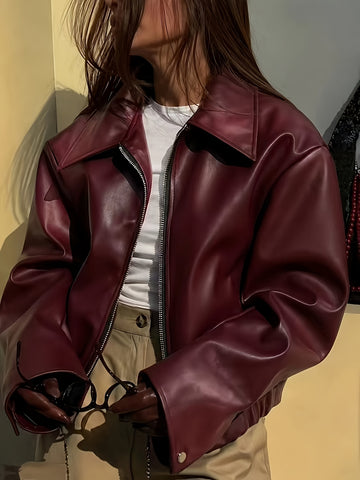 Women's Cropped Biker Jacket with Wide Collar and Full Zip