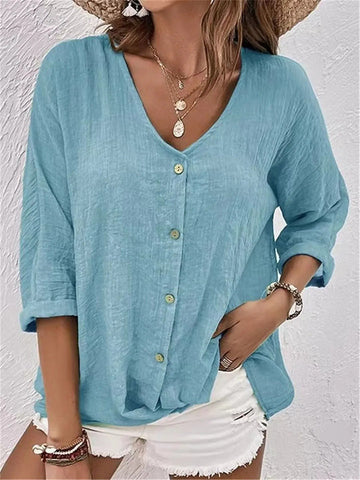 Women's Blouse V-Neck Linen Button Front Roll-Up Sleeves