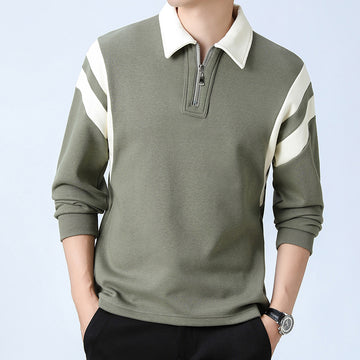 Men's Collared Long Sleeve Zip Neck Polo Sweater with Panel Trim