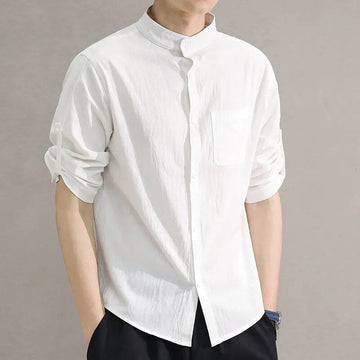 Men's Shirt Linen Stand Collar Roll-Up Sleeves Chest Pocket