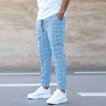Men's Windowpane Check Chino Trousers - Slim Fit Tapered Pants with Elastic Drawstring Waist and Ribbed Cuffs