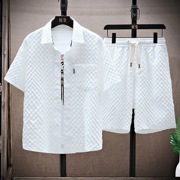 Men's Diamond Jacquard Short Set - Short Sleeve Button-Up Shirt and Drawstring Shorts Two-Piece