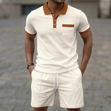 Men's Waffle Texture Short Set - Casual Summer Polo Shirt and Drawstring Shorts with Contrast Trim