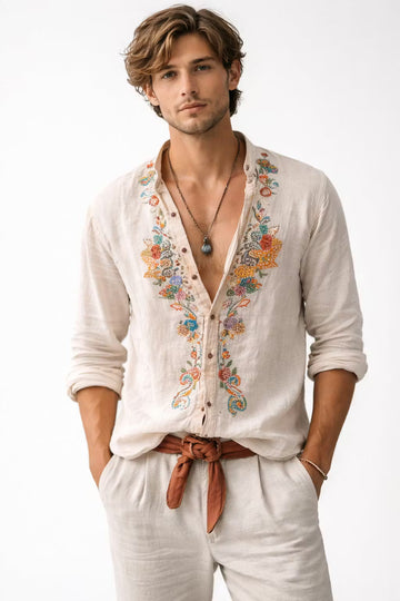 Men's Linen Shirt Floral Embroidered