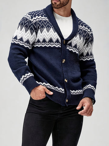 Men's Long Sleeve Shawl Collar Fair Isle Pattern Button-Front Cardigan