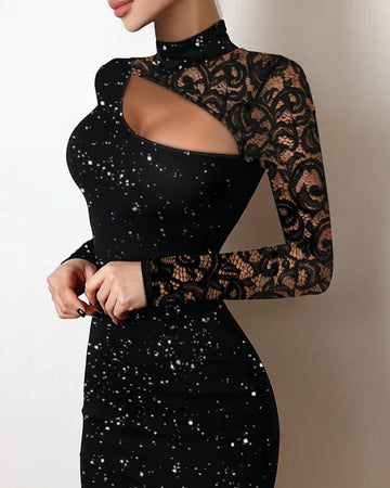 Women's Glitter Lace Sleeve Keyhole Neck Bodycon Mini Dress