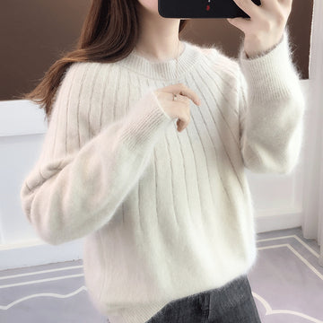 Women's Wool Blend Ribbed Knit Jumper with Round Neck