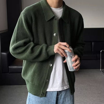 Men's Long Sleeve Button-Front Collared Ribbed Knit Cardigan