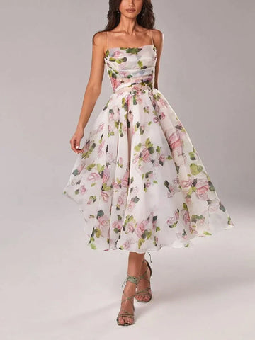Women’s Floral Print Strapless Midi Dress with Full Skirt