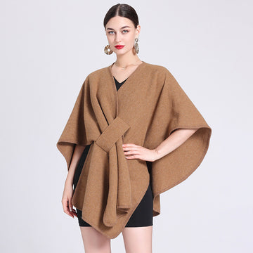 Women's Wool Blend Poncho Cape with Tie-Front Closure
