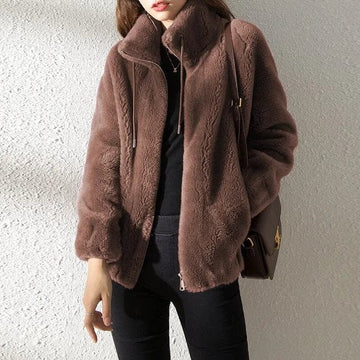 Women's Fleece Teddy Stand Collar Zip-Up Jacket with Drawstring Hood