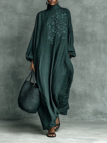 Women's Cotton Linen Maxi Dress High Neck
