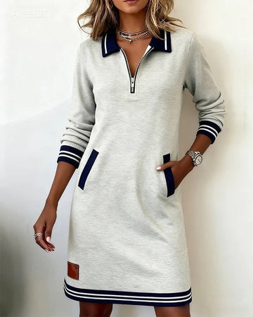 Women's Quarter Zip Midi Dress Striped Trim