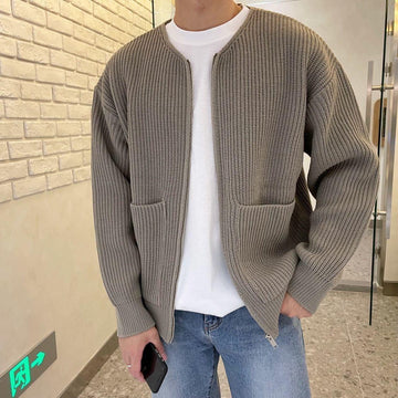 Men's Long Sleeve Crew Neck Zip-Up Ribbed Knit Cardigan with Pockets